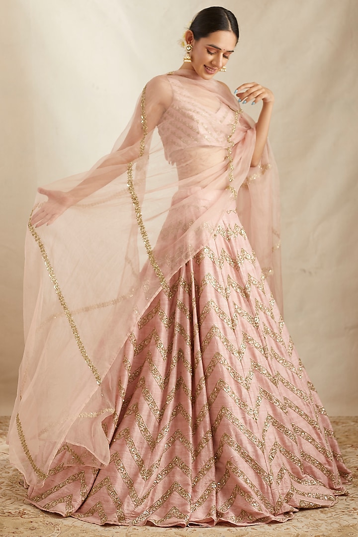 Blush Pink Crepe & Net Embroidered Lehenga Set by Astha Narang