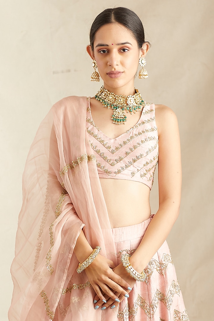 Blush Pink Crepe & Net Embroidered Bridal Lehenga Set by Astha Narang at Pernia's Pop Up Shop