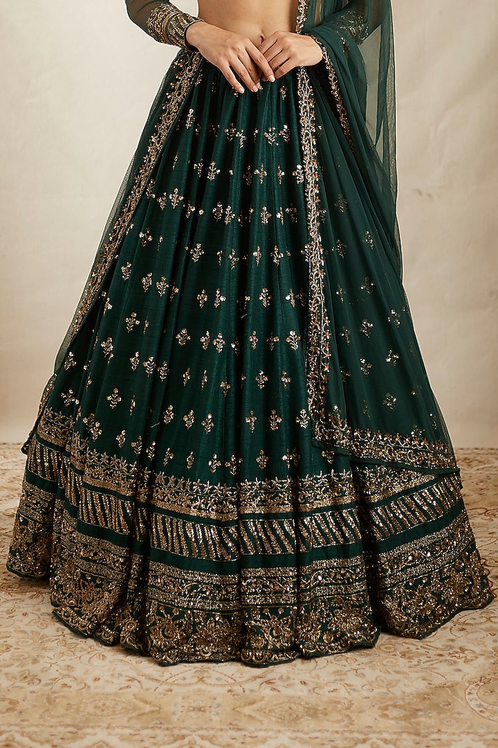 Emerald Green Raw Silk & Crepe Boota Embroidered Bridal Lehenga Set by Astha Narang at Pernia's Pop Up Shop