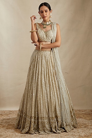 Light Grey Chanderi Silk Boota Embroidered Lehenga Set by Astha Narang