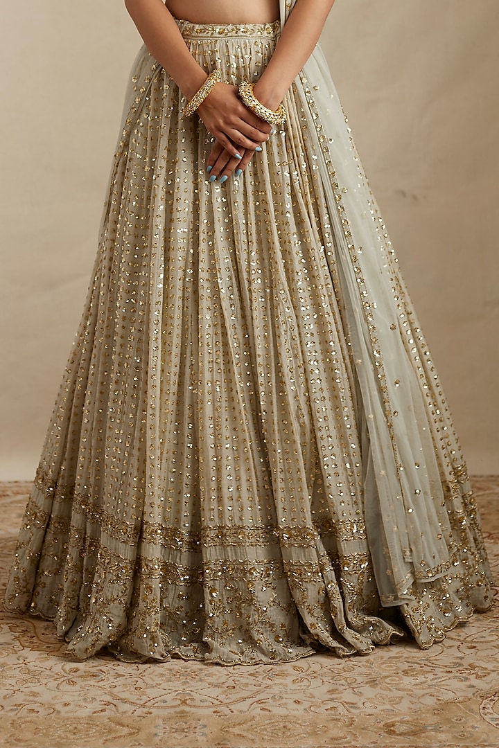 Light Grey Chanderi Silk Boota Embroidered Bridal Lehenga Set by Astha Narang at Pernia's Pop Up Shop