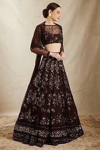 Dark Coffee Net Thread Embroidered Lehenga Set by Astha Narang