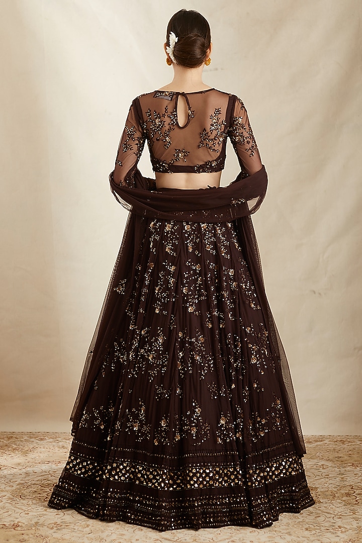 Dark Coffee Net Thread Embroidered Bridal Lehenga Set by Astha Narang at Pernia's Pop Up Shop
