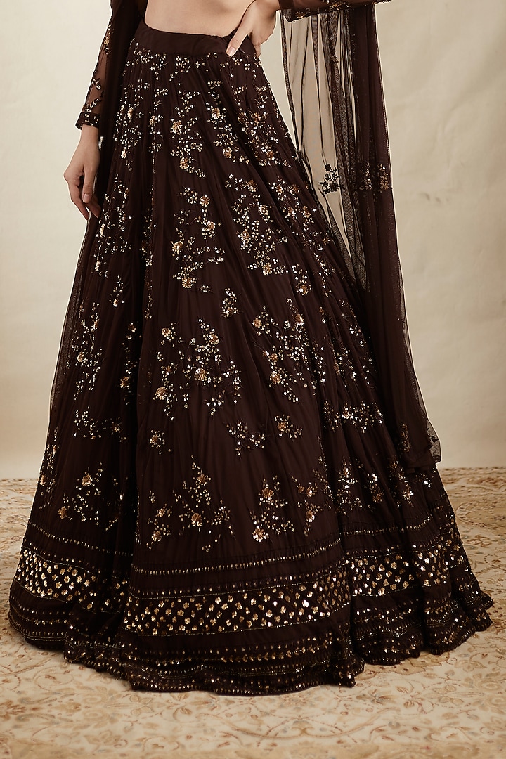 Dark Coffee Net Thread Embroidered Bridal Lehenga Set by Astha Narang at Pernia's Pop Up Shop