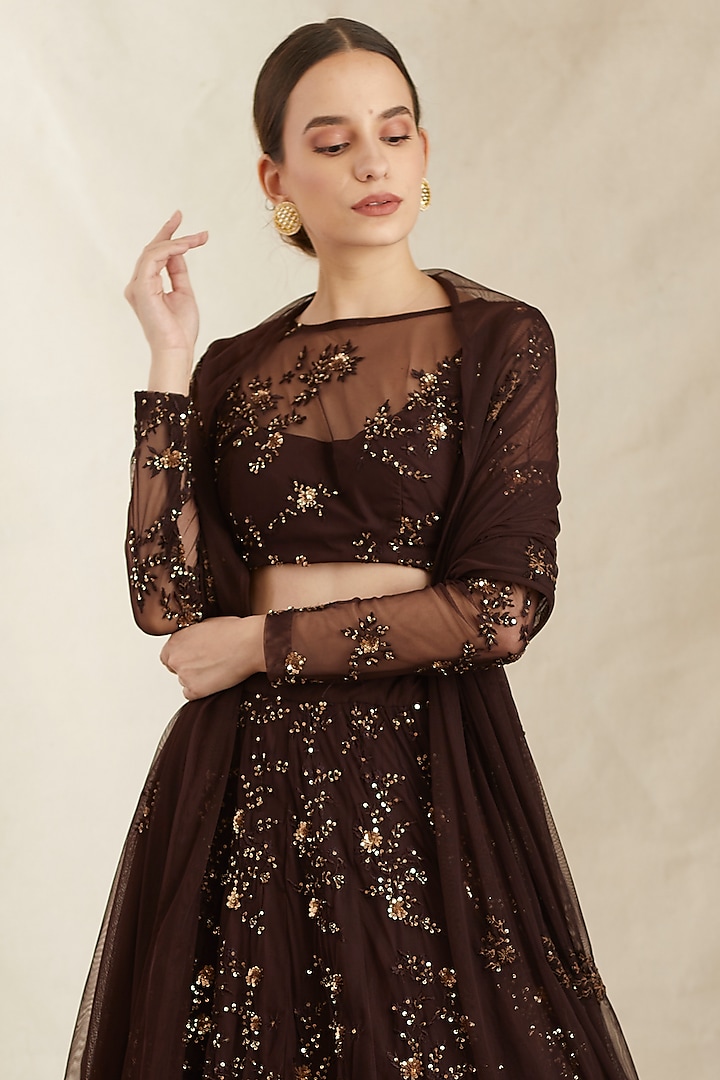 Dark Coffee Net Thread Embroidered Bridal Lehenga Set by Astha Narang at Pernia's Pop Up Shop