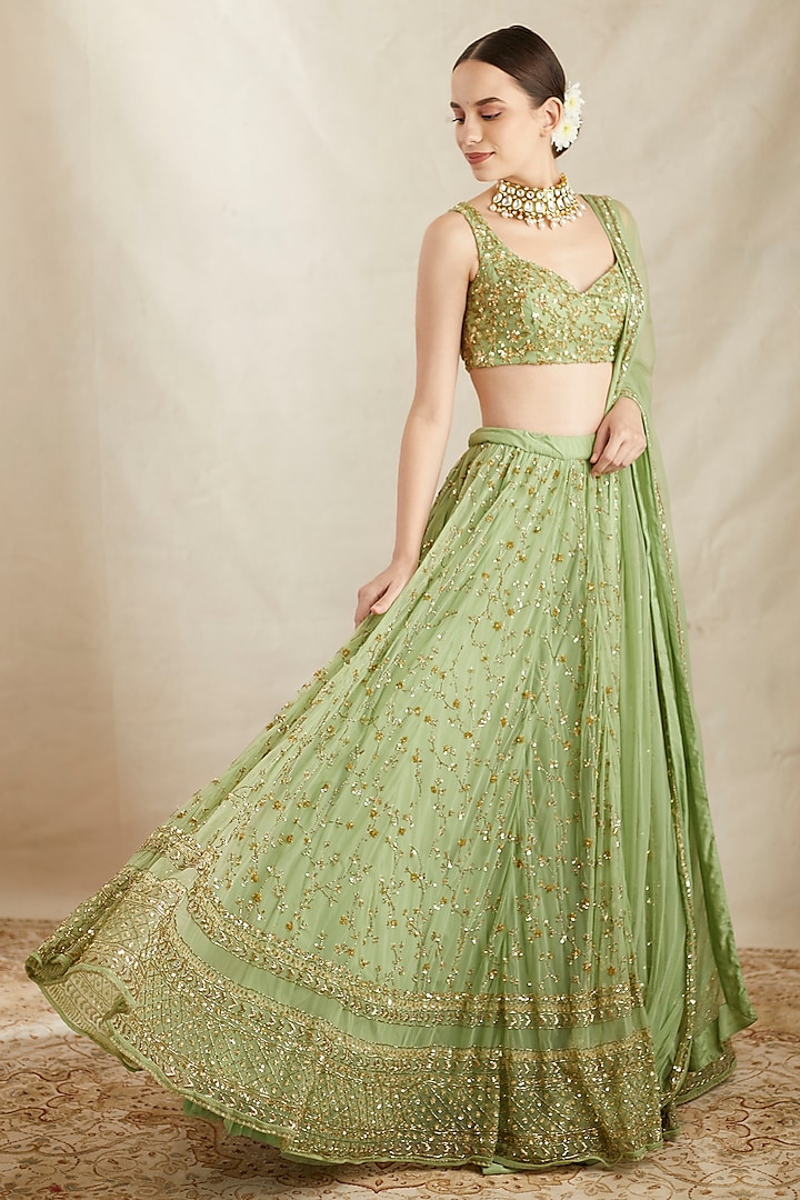 Mint Green Net Lehenga Set by Astha Narang