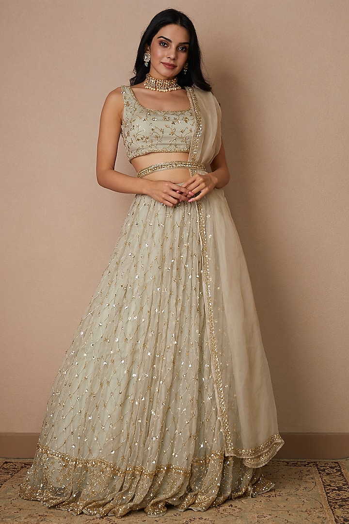 Light Grey Organza Silk Lehenga Set by Astha Narang