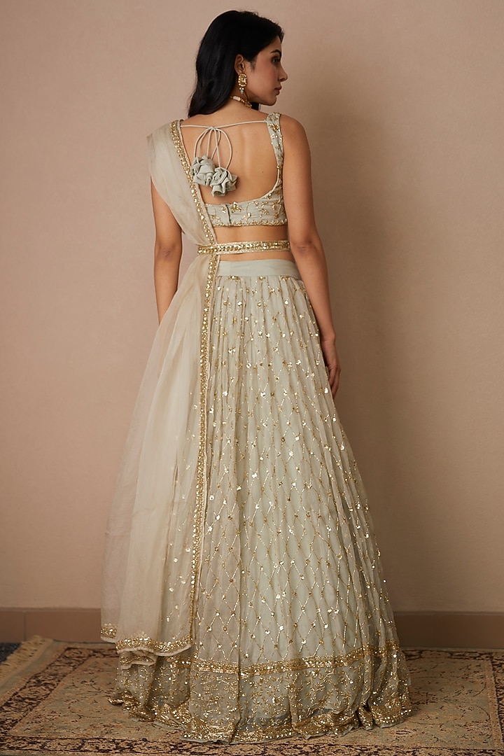 Light Grey Organza Silk Jaal Embroidered Wedding Lehenga Set by Astha Narang at Pernia's Pop Up Shop
