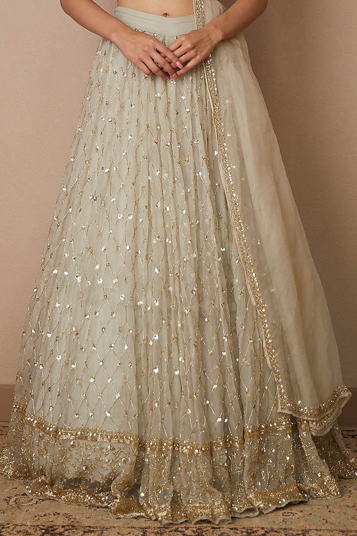 Light Grey Organza Silk Jaal Embroidered Wedding Lehenga Set by Astha Narang at Pernia's Pop Up Shop