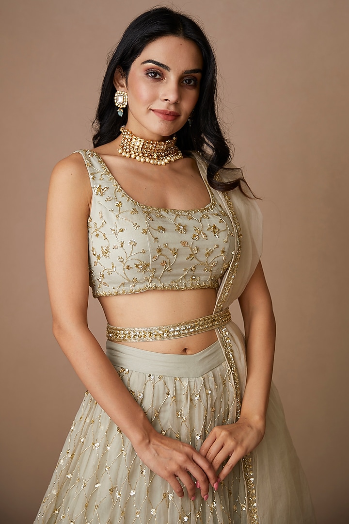 Light Grey Organza Silk Jaal Embroidered Wedding Lehenga Set by Astha Narang at Pernia's Pop Up Shop