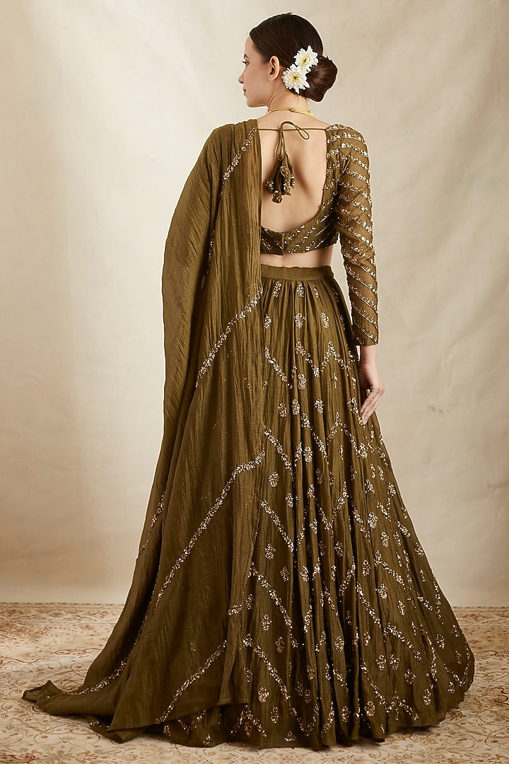 Mehndi Green Chanderi Silk Embroidered Wedding Lehenga Set by Astha Narang at Pernia's Pop Up Shop