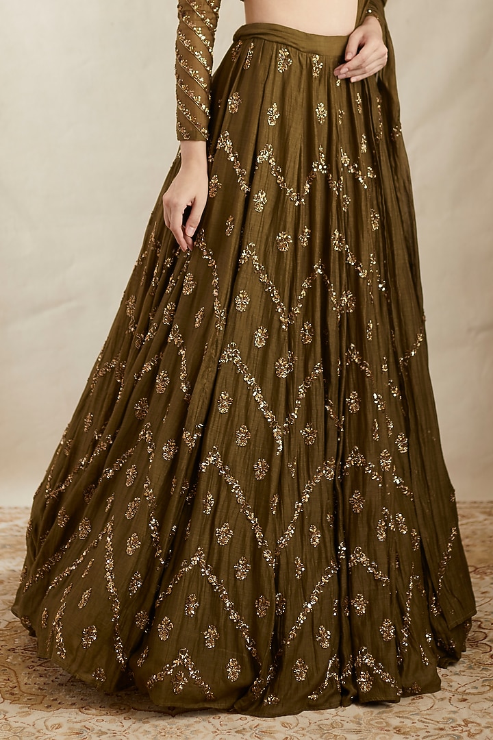 Mehndi Green Chanderi Silk Embroidered Wedding Lehenga Set by Astha Narang at Pernia's Pop Up Shop