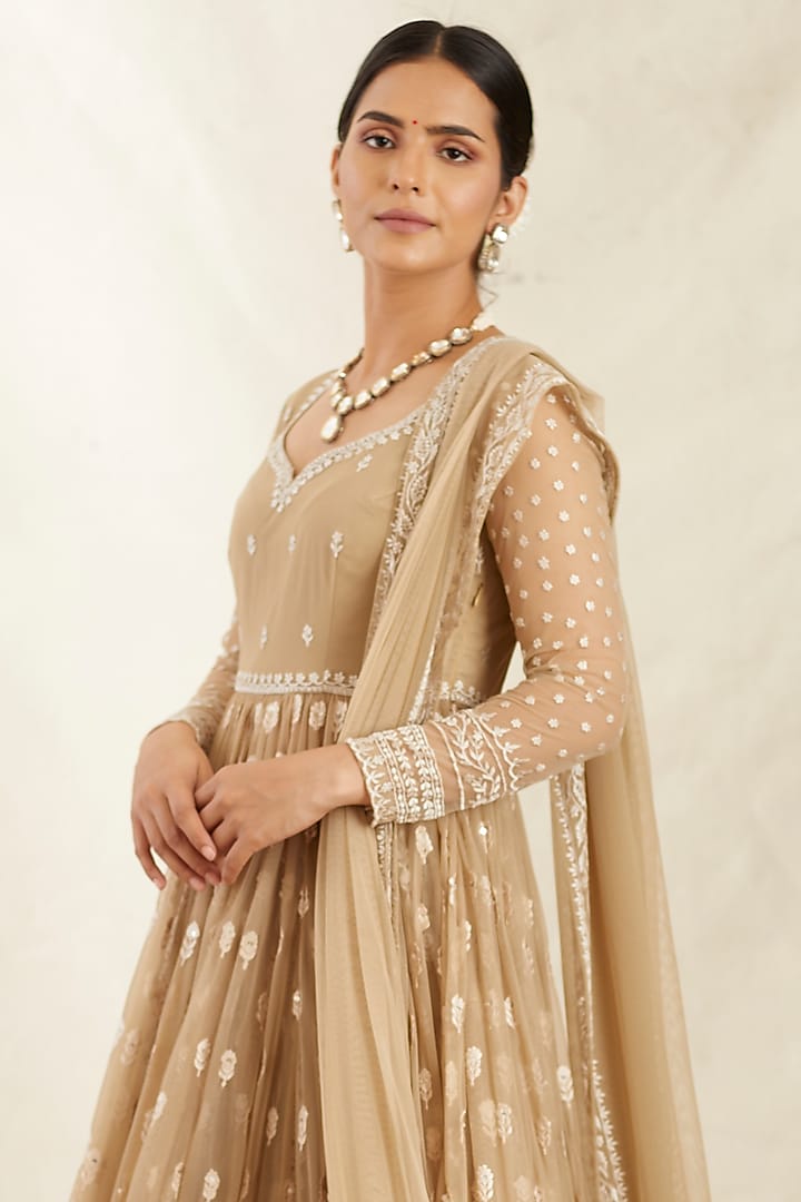 Beige & Cream Net Wedding Sharara Set by Astha Narang at Pernia's Pop Up Shop