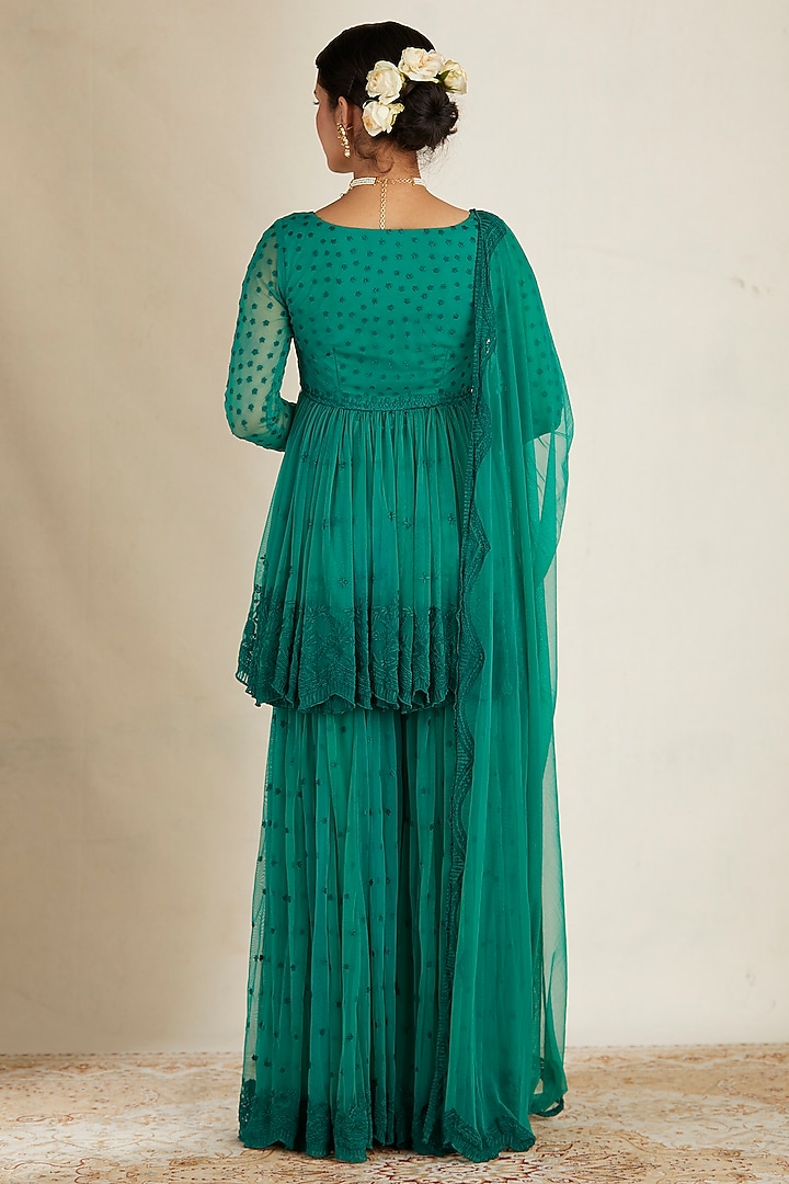 Teal Green Net Wedding Sharara Set by Astha Narang at Pernia's Pop Up Shop