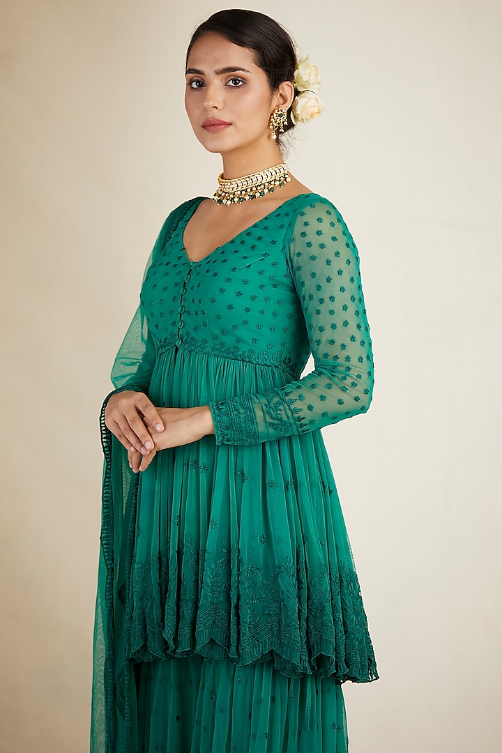 Teal Green Net Wedding Sharara Set by Astha Narang at Pernia's Pop Up Shop
