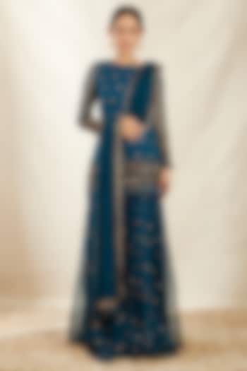Teal Blue Organza Silk Wedding Sharara Set by Astha Narang at Pernia's Pop Up Shop