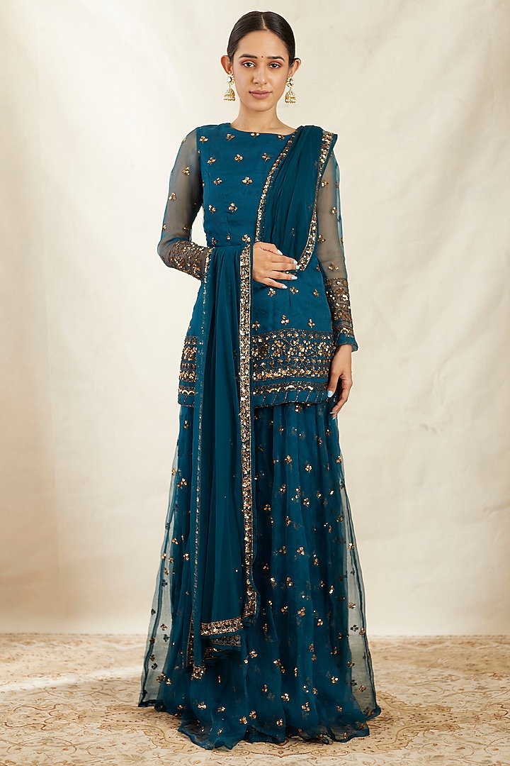 Teal Blue Organza Silk Wedding Sharara Set by Astha Narang at Pernia's Pop Up Shop
