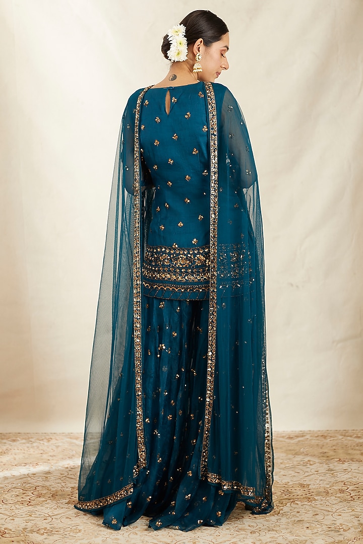 Teal Blue Organza Silk Wedding Sharara Set by Astha Narang at Pernia's Pop Up Shop