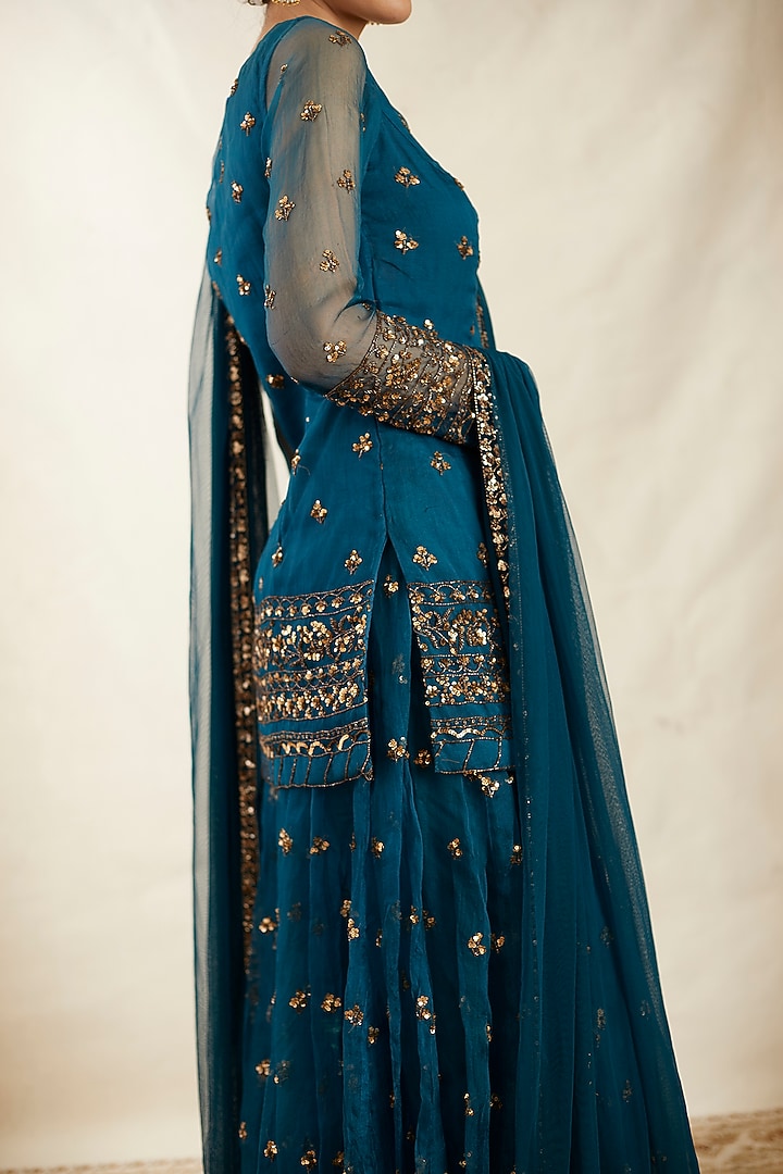 Teal Blue Organza Silk Wedding Sharara Set by Astha Narang at Pernia's Pop Up Shop