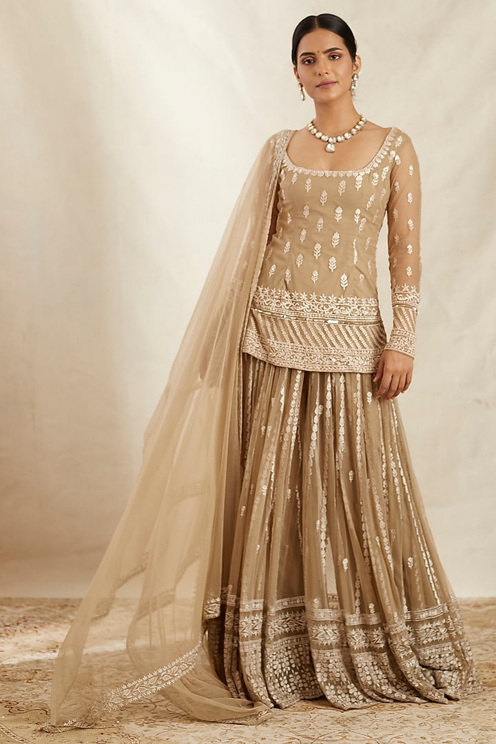 Beige & Cream Net Sharara Set by Astha Narang at Pernia's Pop Up Shop