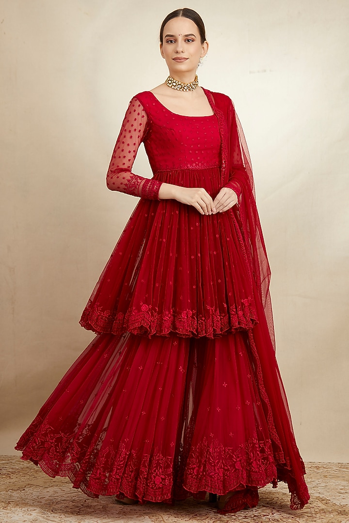 Caramine Pink Net Wedding Sharara Set by Astha Narang at Pernia's Pop Up Shop