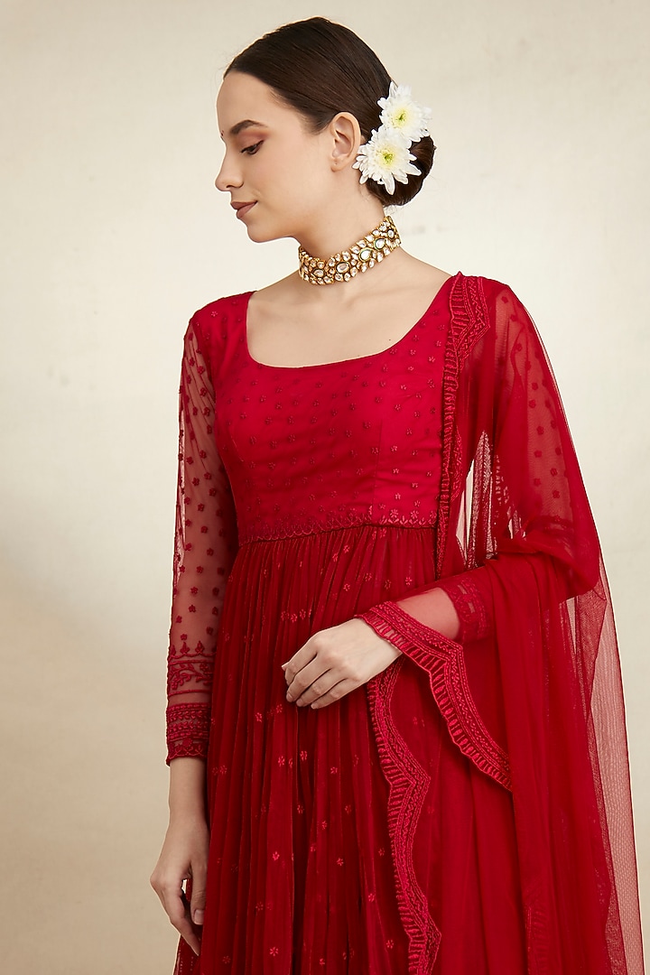Caramine Pink Net Wedding Sharara Set by Astha Narang at Pernia's Pop Up Shop