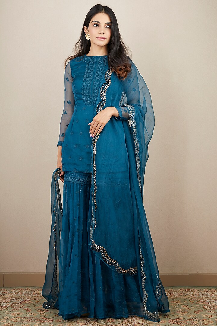 Teal Blue Organza Silk Sharara Set by Astha Narang