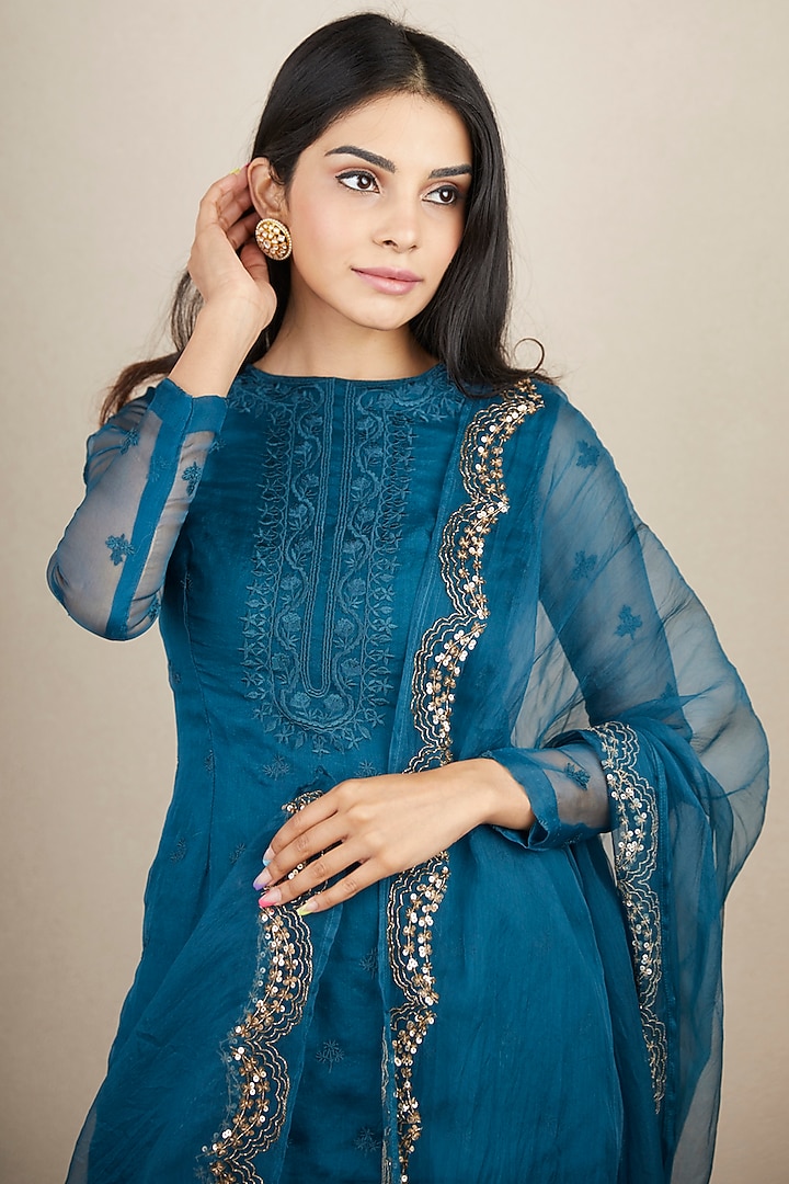 Teal Blue Organza Silk Wedding Sharara Set by Astha Narang at Pernia's Pop Up Shop