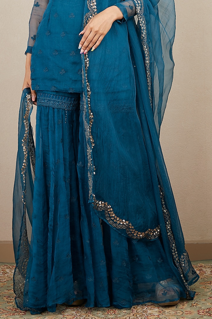 Teal Blue Organza Silk Wedding Sharara Set by Astha Narang at Pernia's Pop Up Shop