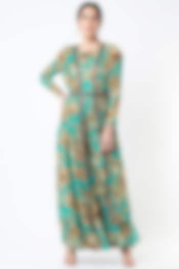 Teal Green Crepe & Georgette Jumpsuit by Astha Narang at Pernia's Pop Up Shop