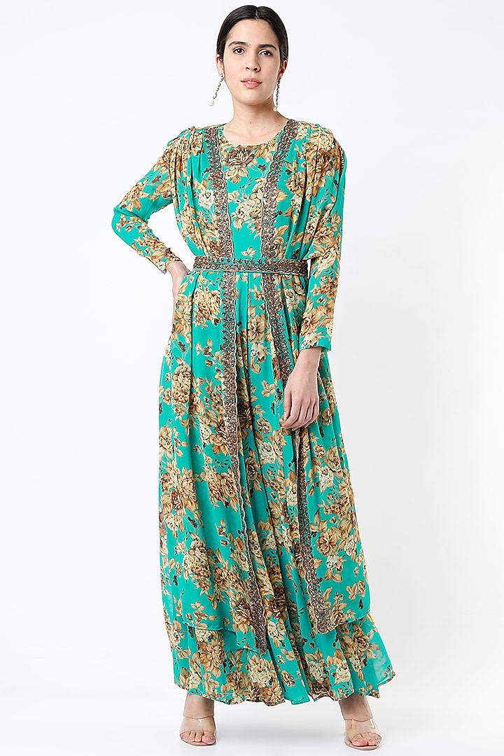 Teal Green Crepe & Georgette Jumpsuit by Astha Narang