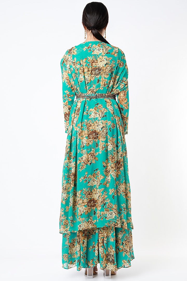 Teal Green Crepe & Georgette Jumpsuit by Astha Narang at Pernia's Pop Up Shop