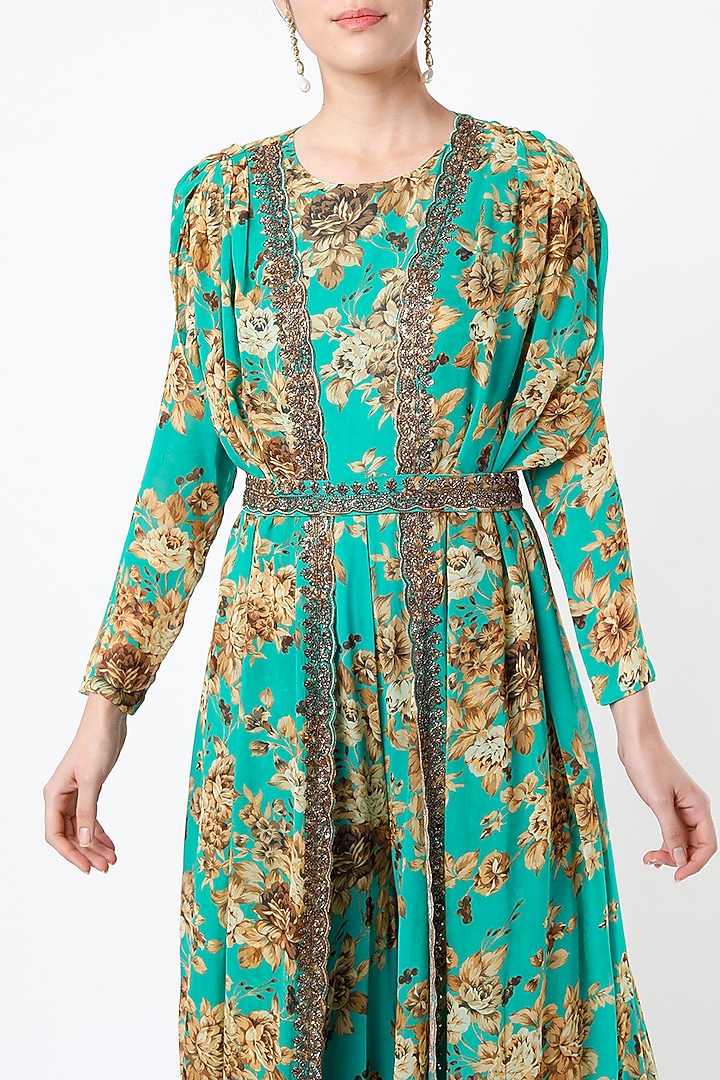 Teal Green Crepe & Georgette Jumpsuit by Astha Narang at Pernia's Pop Up Shop