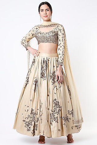 Beige Raw Silk & Crepe Sequins Embroidered Lehenga Set by Astha Narang