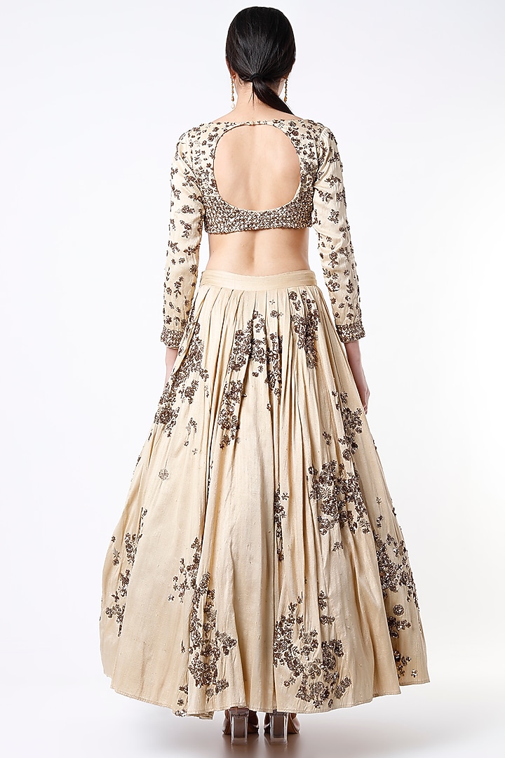 Beige Raw Silk & Crepe Sequins Embroidered Wedding Lehenga Set by Astha Narang at Pernia's Pop Up Shop
