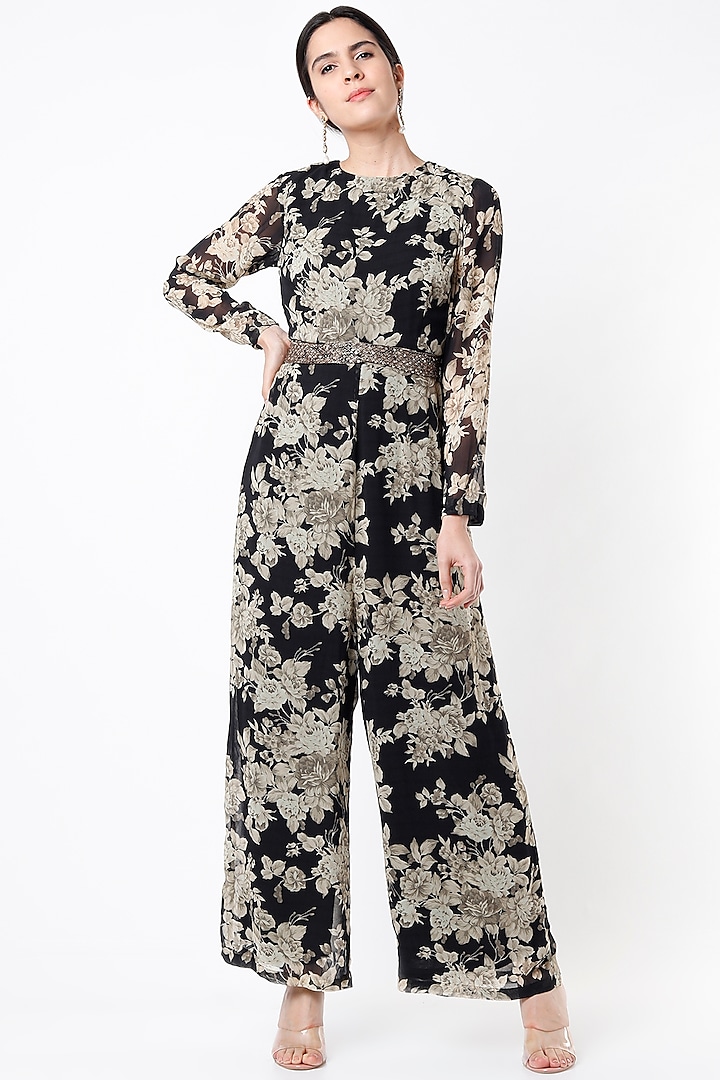 Black Crepe & Georgette Jumpsuit by Astha Narang