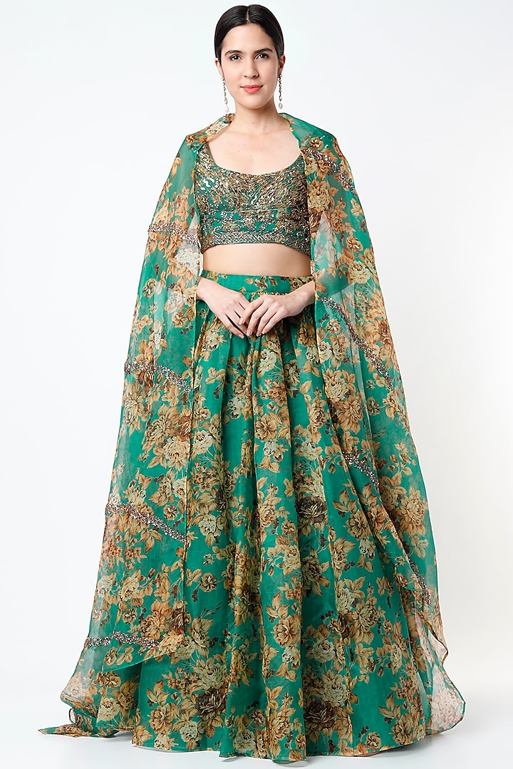 Teal Green Crepe & Floral Printed Lehenga Set by Astha Narang