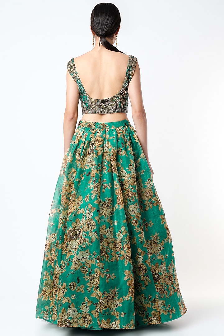 Teal Green Crepe & Floral Printed Wedding Lehenga Set by Astha Narang at Pernia's Pop Up Shop