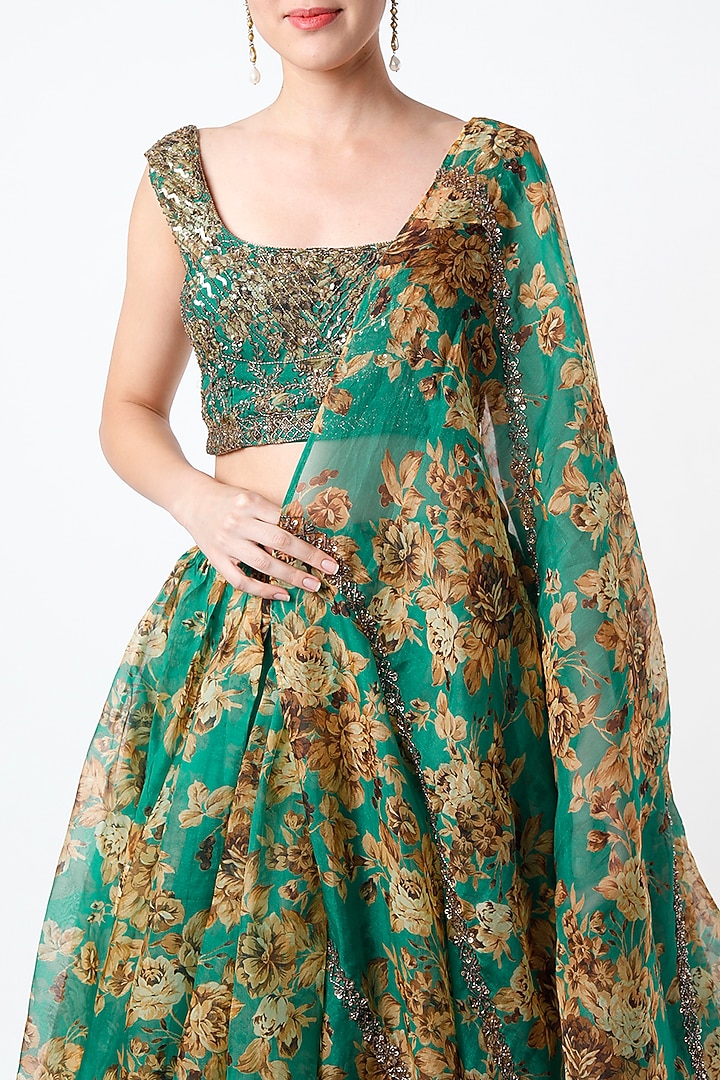 Teal Green Crepe & Floral Printed Wedding Lehenga Set by Astha Narang at Pernia's Pop Up Shop