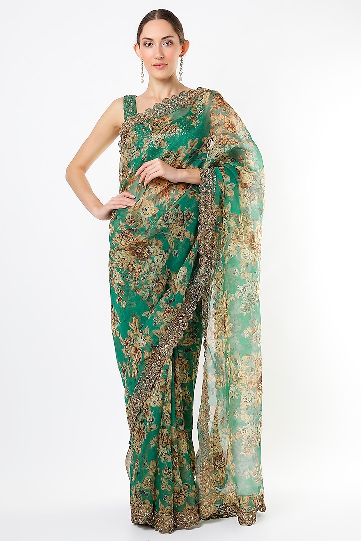 Teal Geen Silk Organza & Crepe Floral Printed Saree Set by Astha Narang