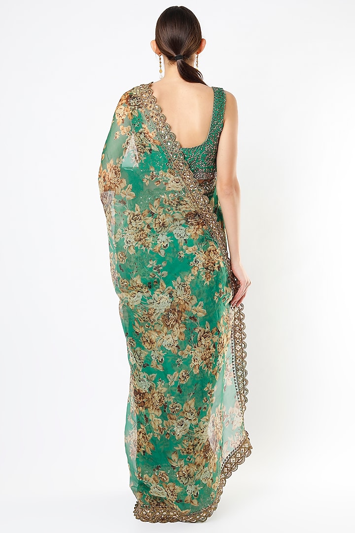 Teal Geen Silk Organza & Crepe Floral Printed Wedding Saree Set by Astha Narang at Pernia's Pop Up Shop