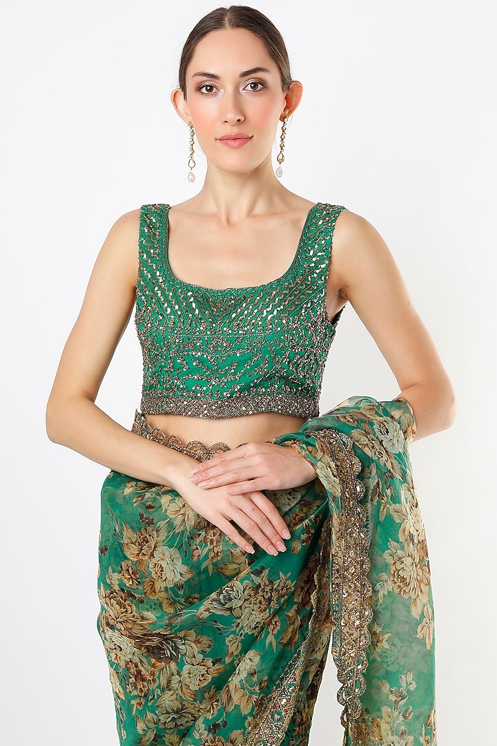Teal Geen Silk Organza & Crepe Floral Printed Wedding Saree Set by Astha Narang at Pernia's Pop Up Shop