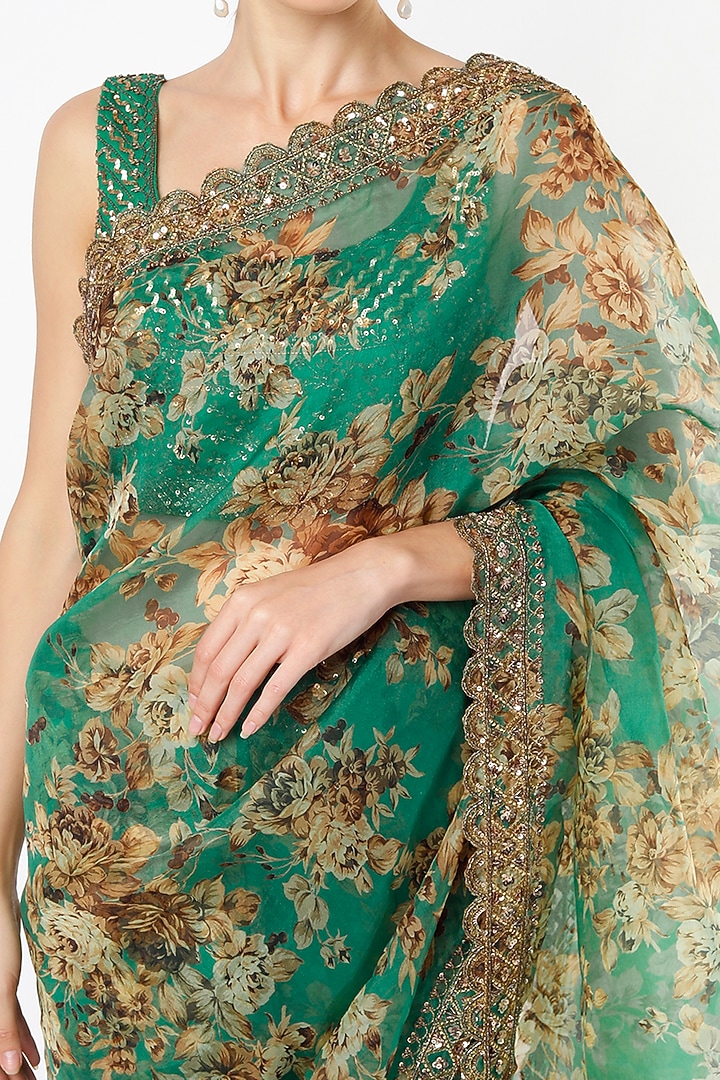 Teal Geen Silk Organza & Crepe Floral Printed Wedding Saree Set by Astha Narang at Pernia's Pop Up Shop