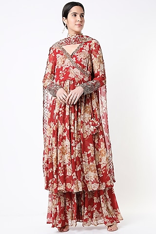 Cadmium Red Floral Printed Angrakha Anarkali Set by Astha Narang