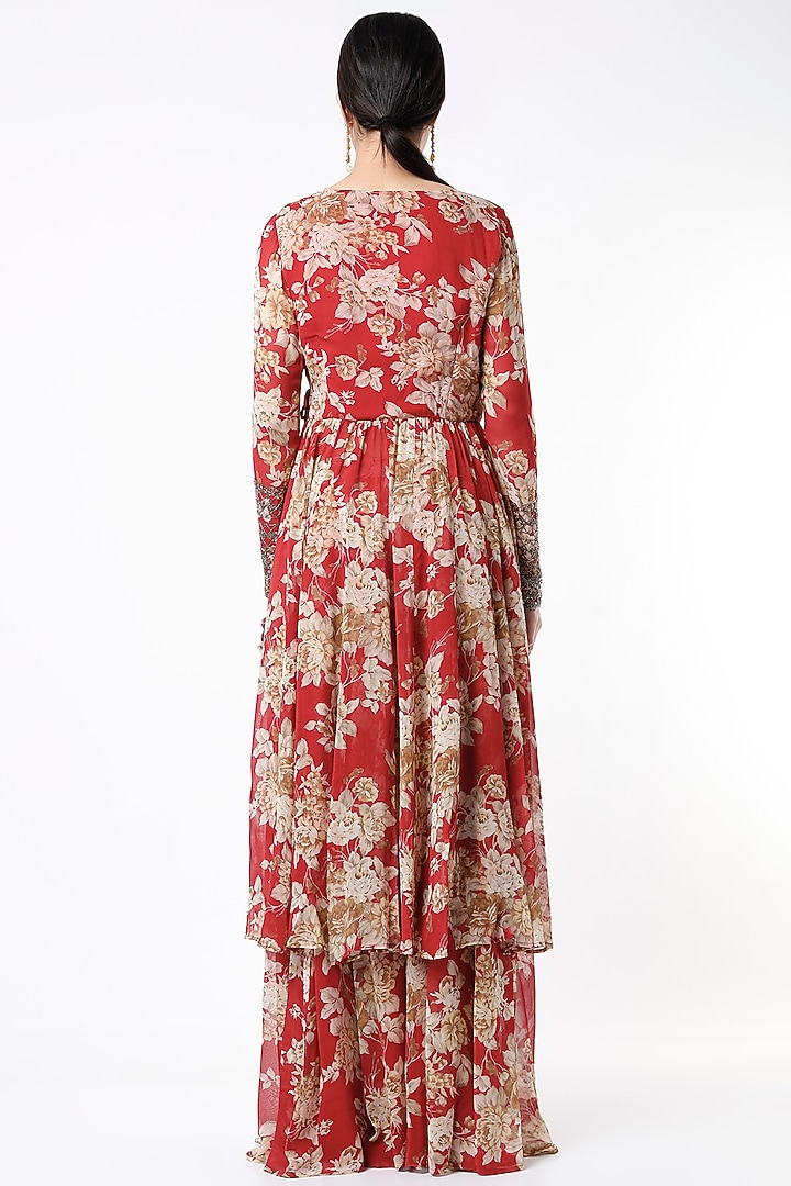 Cadmium Red Floral Printed Angrakha Wedding Anarkali Set by Astha Narang at Pernia's Pop Up Shop