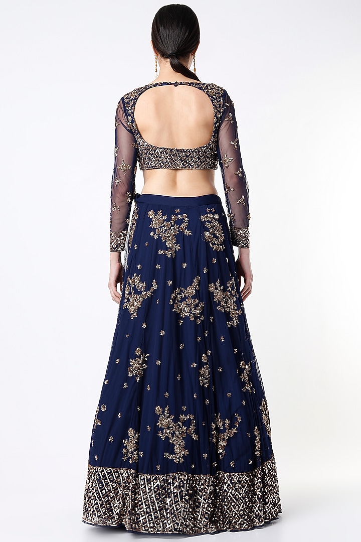 Navy Blue Crepe & Net Floral Embroidered Wedding Lehenga Set by Astha Narang at Pernia's Pop Up Shop