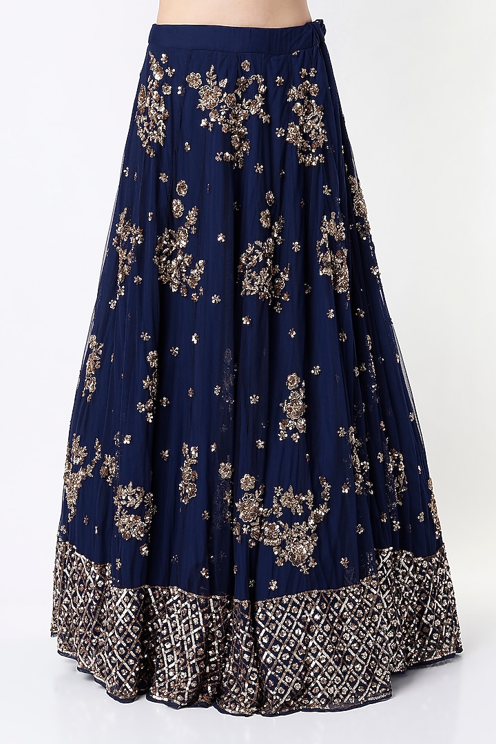 Navy Blue Crepe & Net Floral Embroidered Wedding Lehenga Set by Astha Narang at Pernia's Pop Up Shop