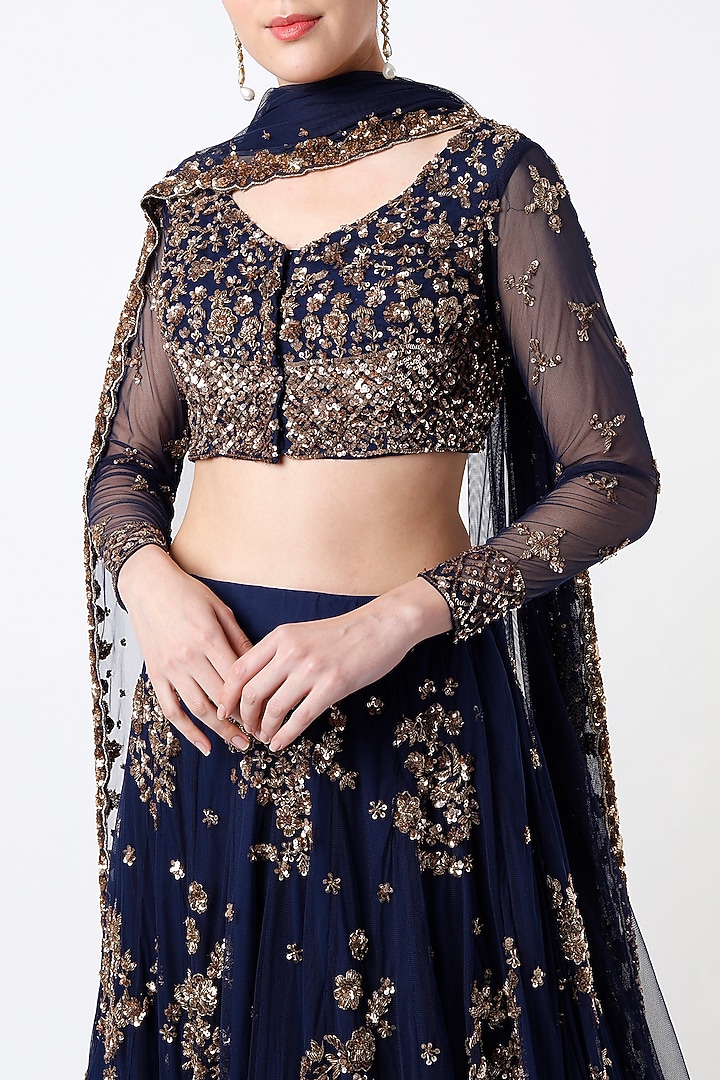 Navy Blue Crepe & Net Floral Embroidered Wedding Lehenga Set by Astha Narang at Pernia's Pop Up Shop