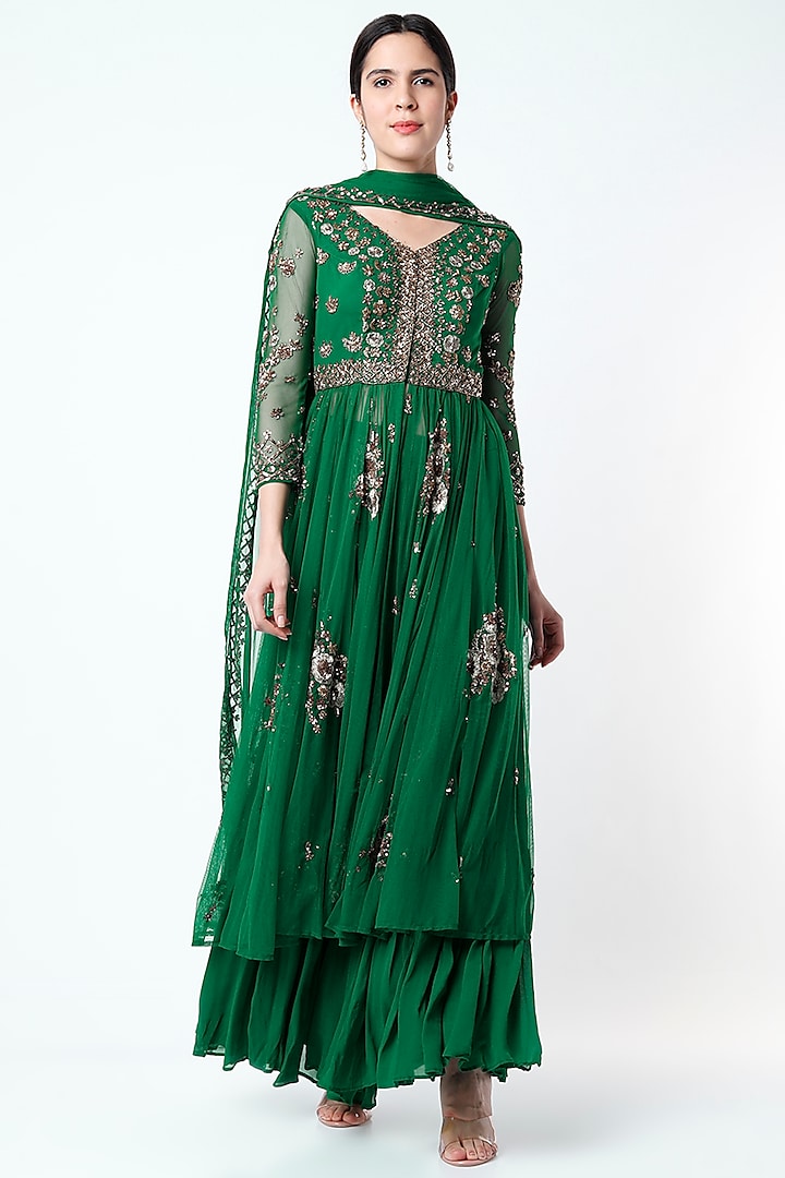 Emerald Green Crepe & Net Front-Open Jacket Set by Astha Narang