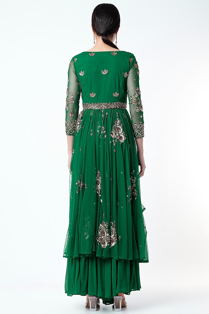 Emerald Green Crepe & Net Front-Open Jacket Set by Astha Narang at Pernia's Pop Up Shop